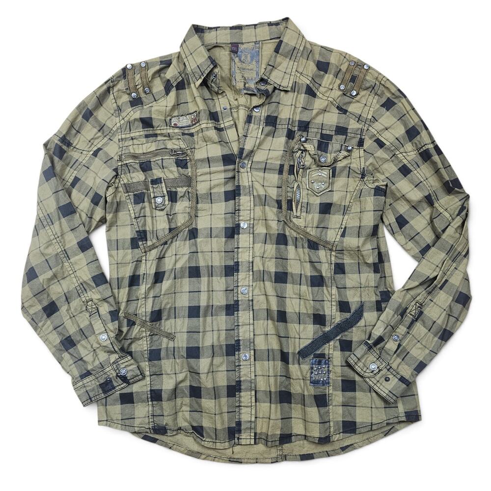 FUSAI Military Grunge Button Down Shirt Men' XXL Y2K Punk Utility Cyberpunk RARE